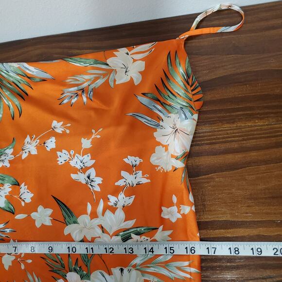 Paper Heart Silky Maxi Dress M Orange Floral Cowl Neck High Slit Garden Party - Picture 12 of 16